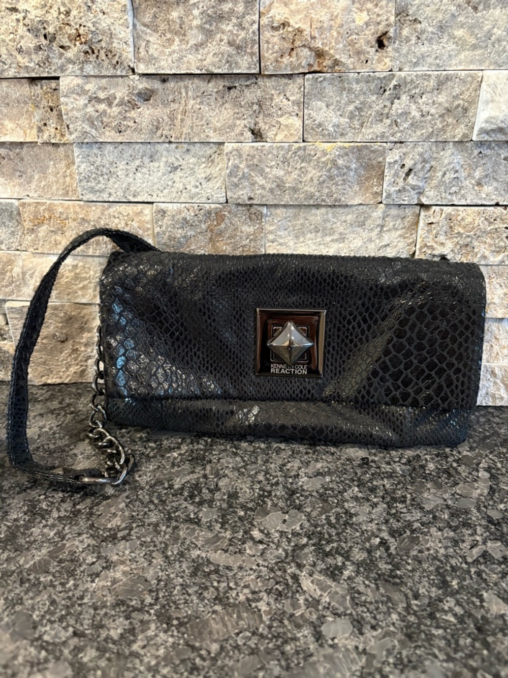 Kenneth Cole Reaction Black Faux Snakeskin Handbag
